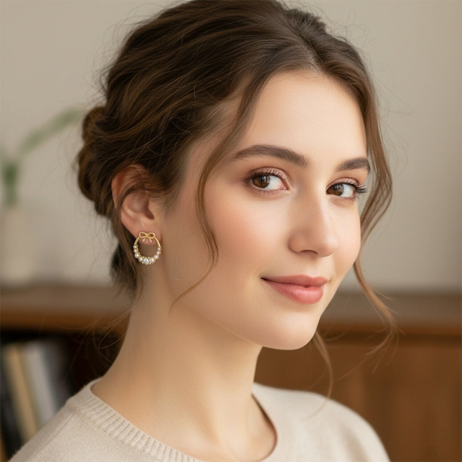 Bow Pearl Hoop Earrings – Gold Plated Korean... - Image 2