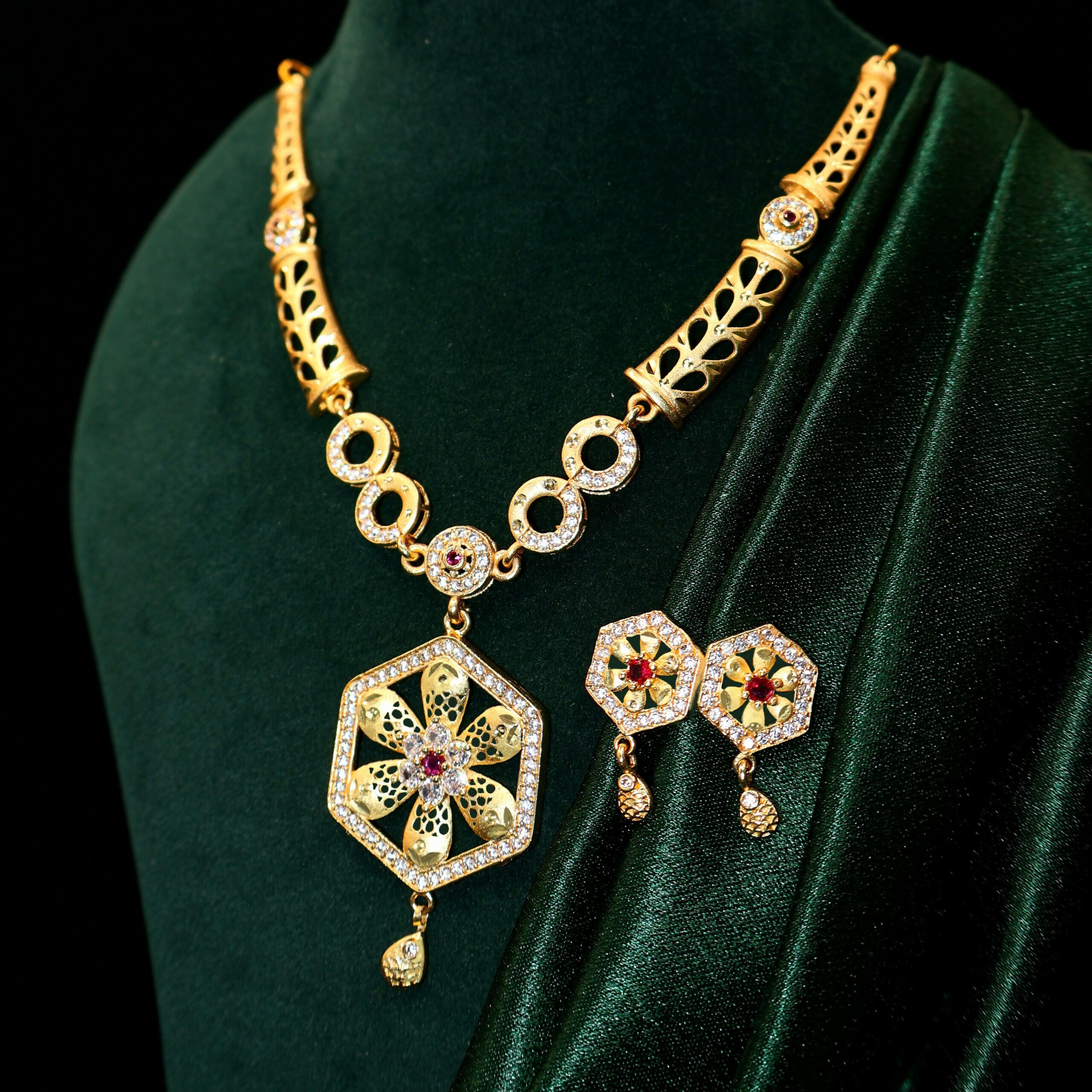 Gold Plated Hexagon Pendant Necklace – Elegant Stone Set
