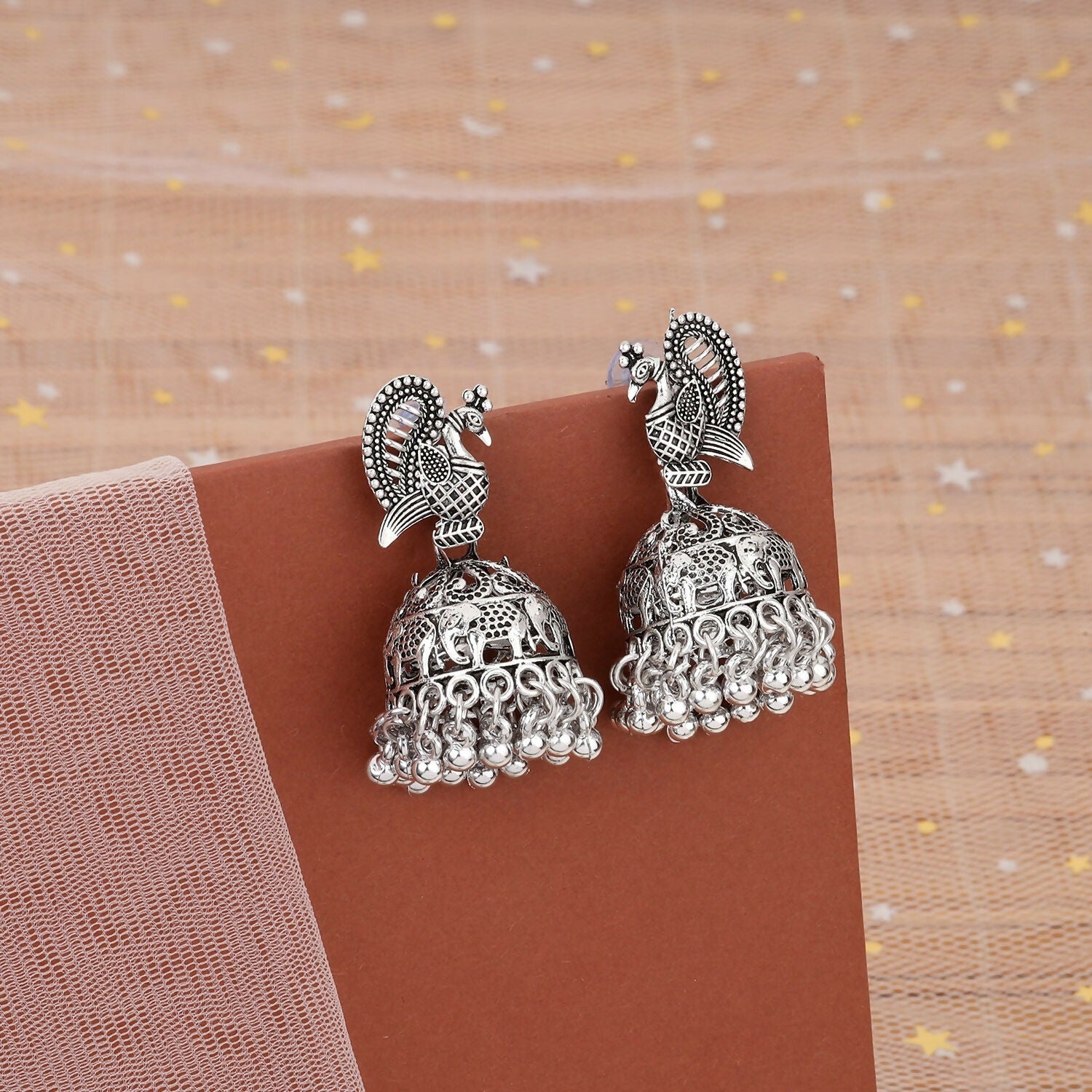 Silver Peacock Jhumka Earrings – Elegant Oxidised Design