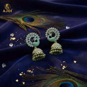 Peacock Stone Jhumka Earrings – Elegant Mint Green...