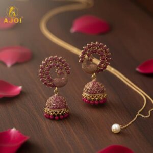Peacock Motif Jhumka Earrings – Ruby-Tone Antique Gold...