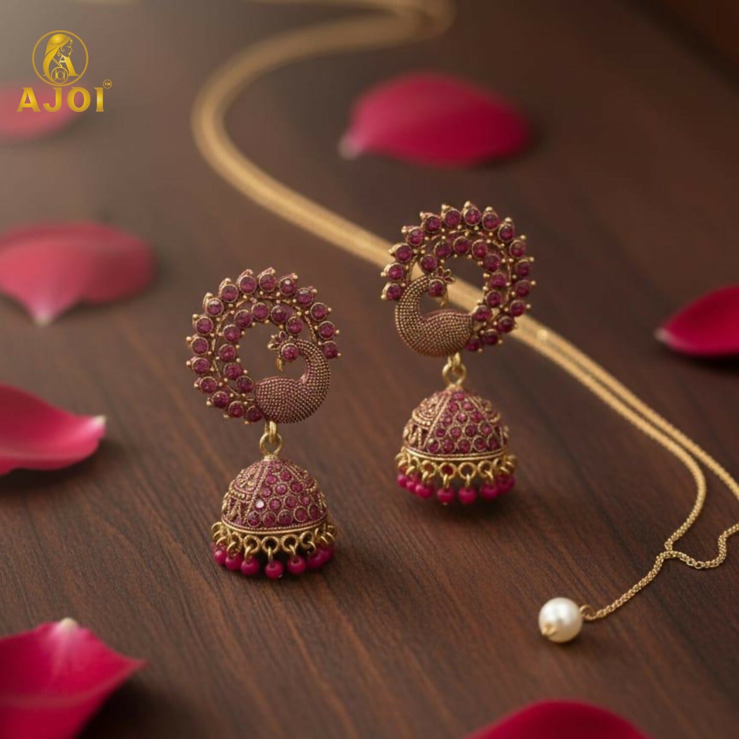 Peacock Motif Jhumka Earrings – Ruby-Tone Antique Gold...