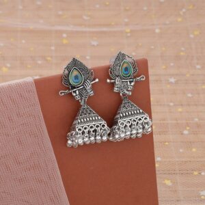 Krishna Jhumka Earrings – Elegant Oxidised Silver Design