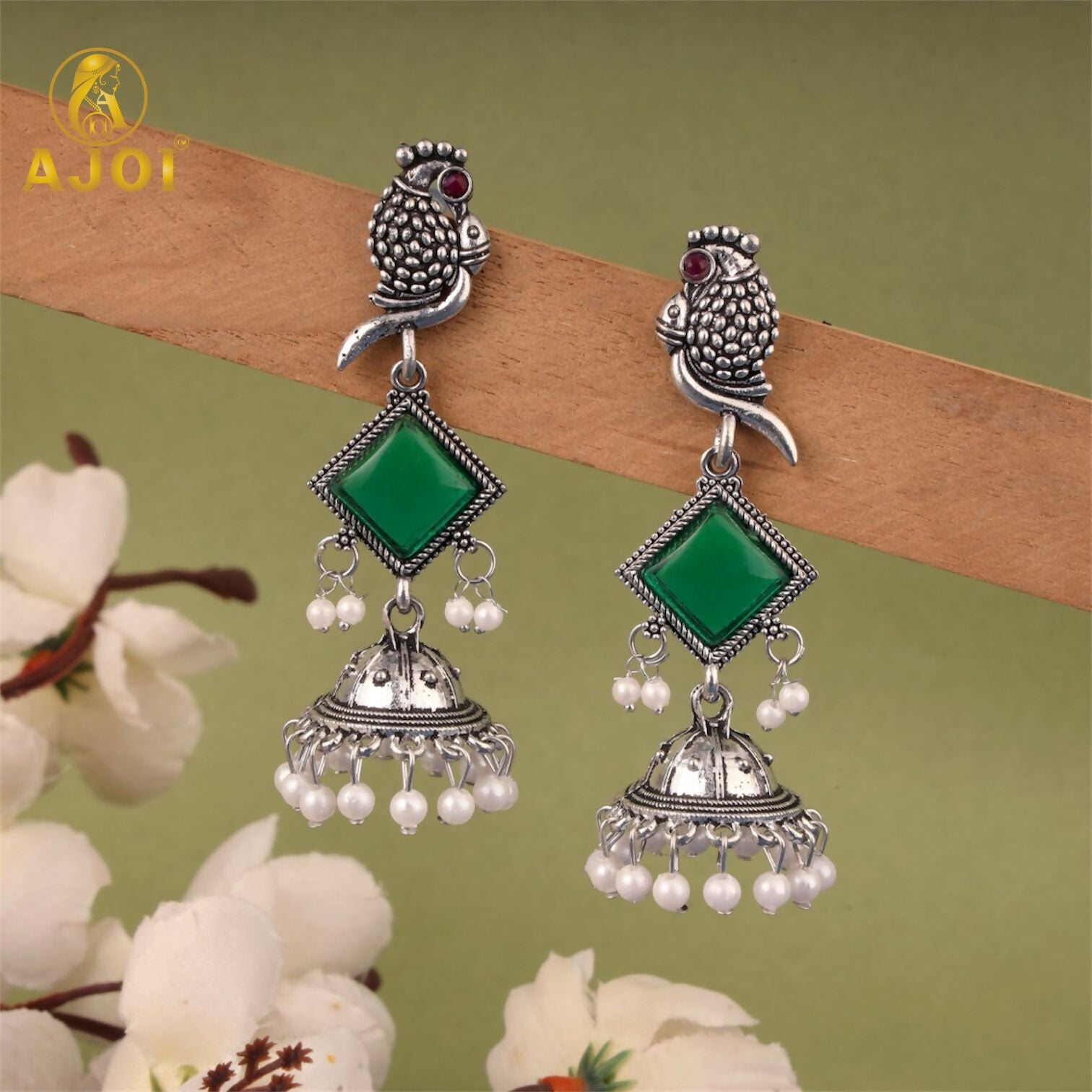 Green Stone Jhumka Earrings – Oxidised Silver Parrot... - Image 2