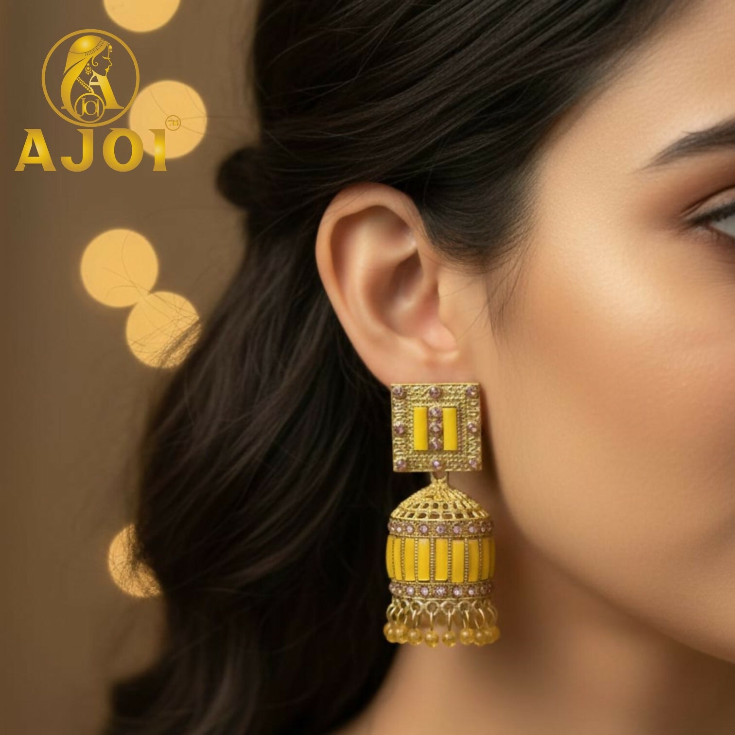 Mustard Yellow Designer Jhumka Earrings – Elegant Stone... - Image 2