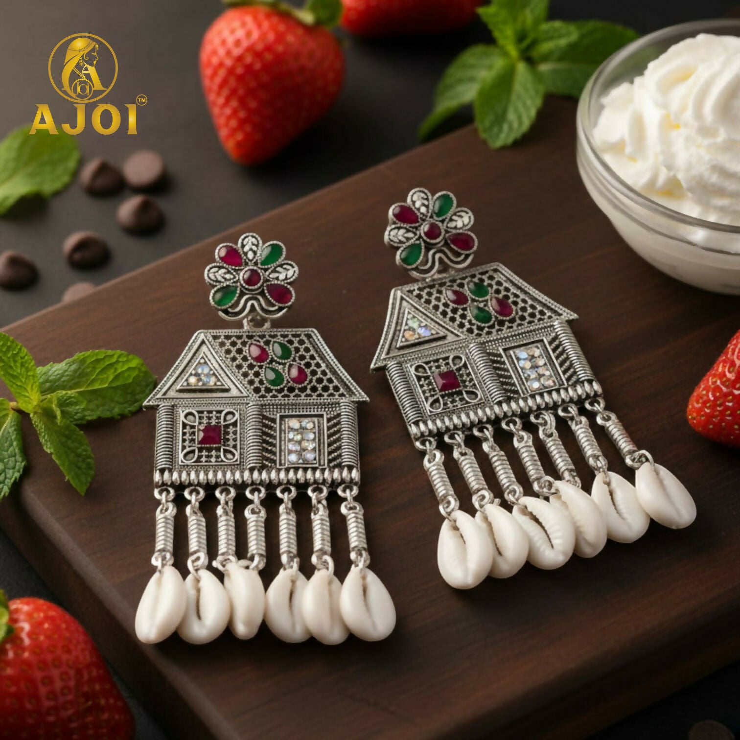 Oxidized Silver House Earrings – Multicolor Stones &...