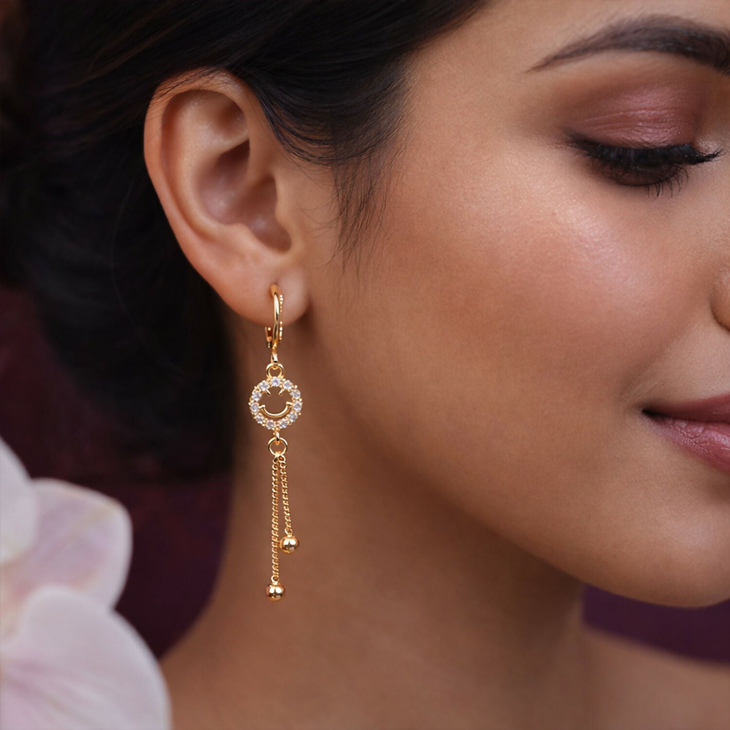 Gold-Tone Smiley Crystal Tassel Drop Earrings – Elegant...