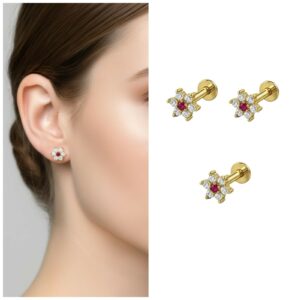 Gold Plated Flower Labret Studs with Ruby Center…