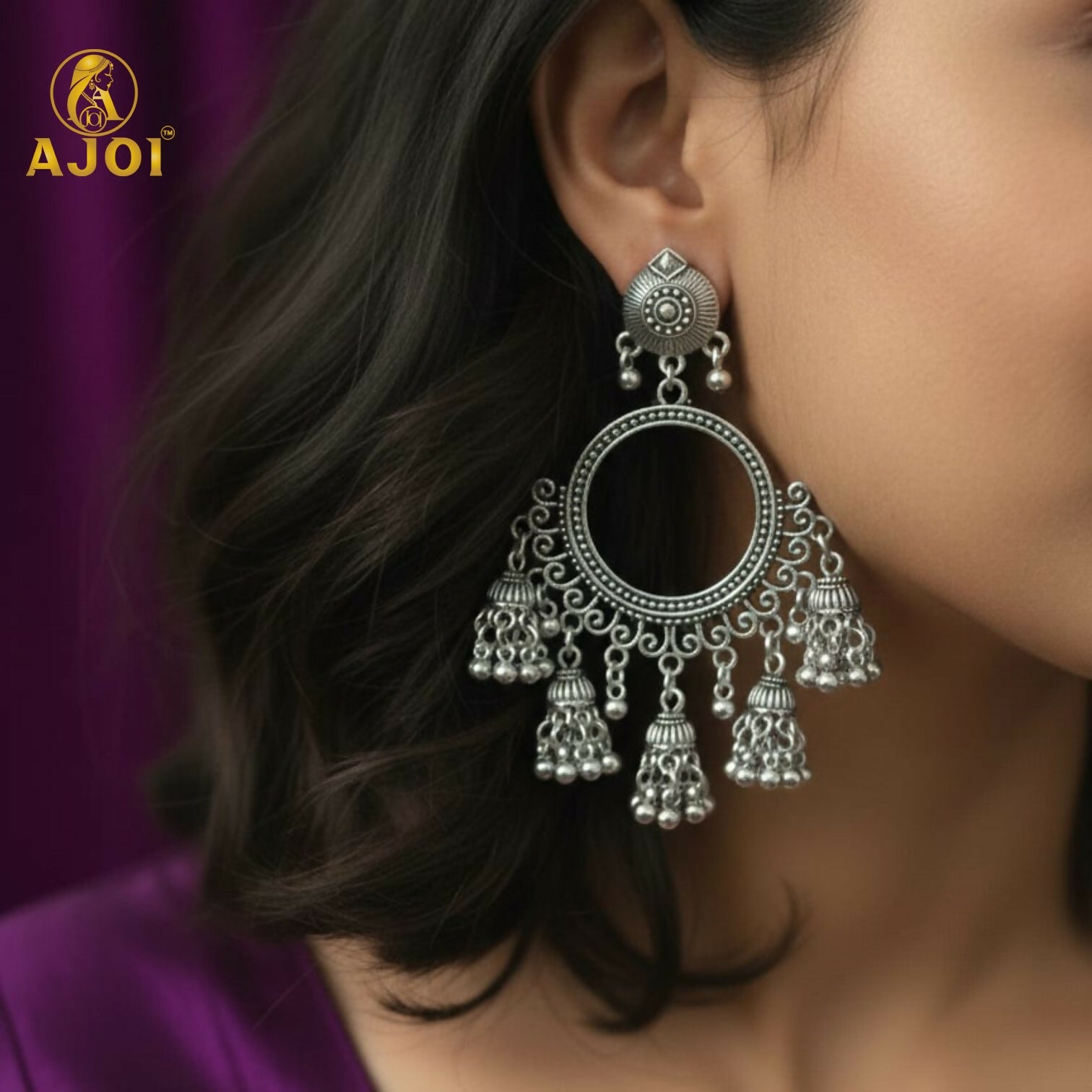 Oxidised Silver Chandbali Jhumka Earrings – Elegant Boho... - Image 2