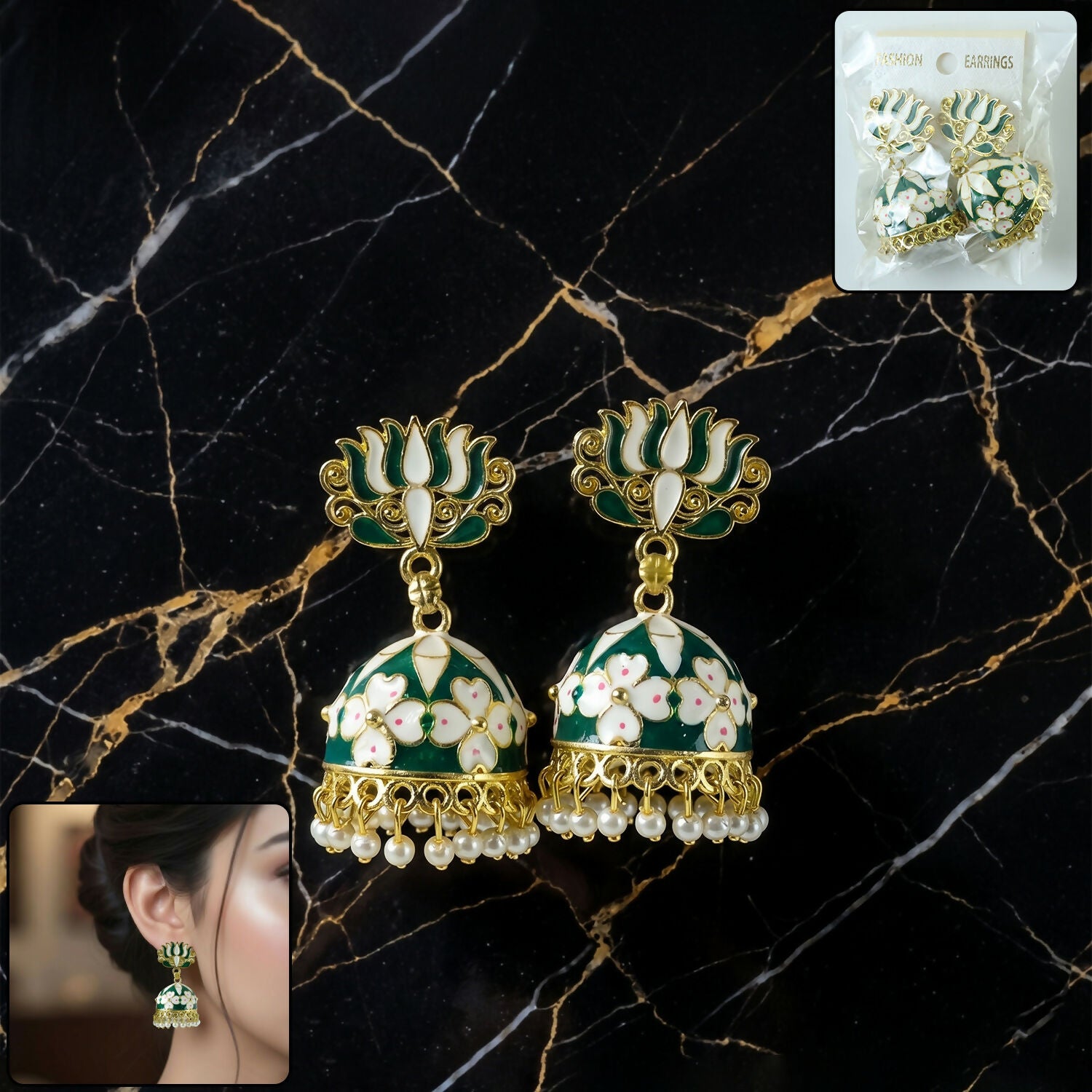 Green Lotus Jhumka Earrings – Elegant Pearl Detail...