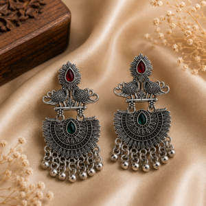 Oxidised Jhumka Earrings Peacock Dual Stone Statement for...