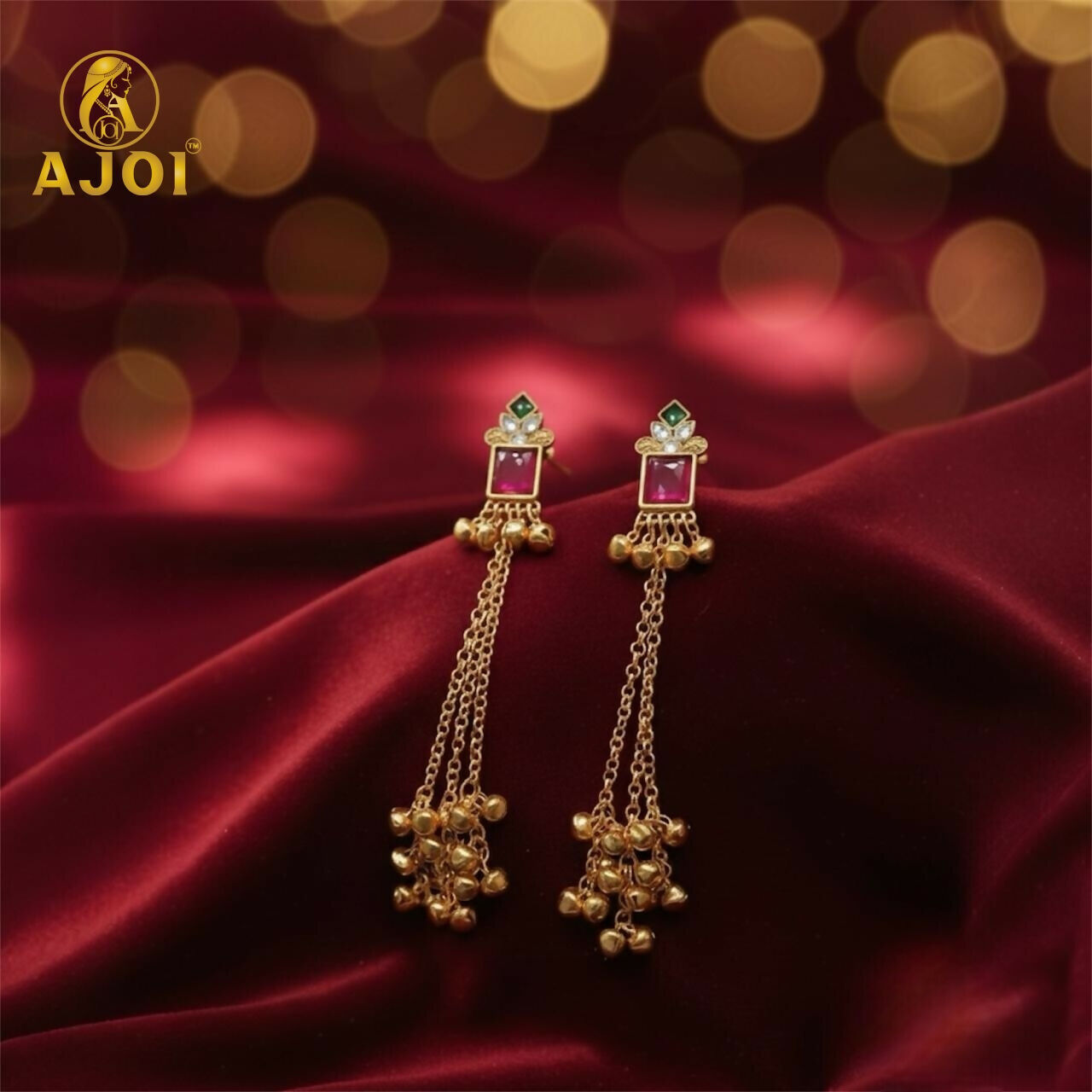 Kashmiri Long Chain Ghungroo Earrings – Elegant Pink...