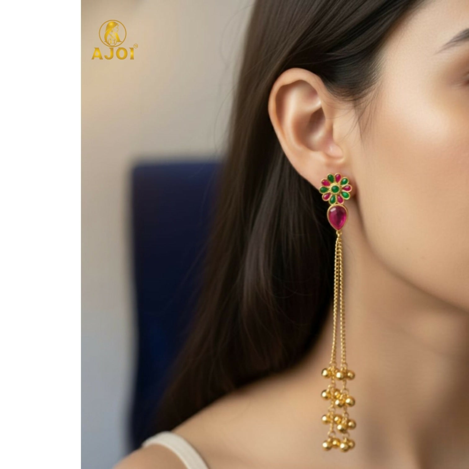 Kashmiri Gold Plated Long Chain Drop Earrings –... - Image 2