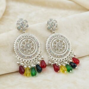 Oxidized Silver Mandala Drop Earrings with Multi-Color Cr...