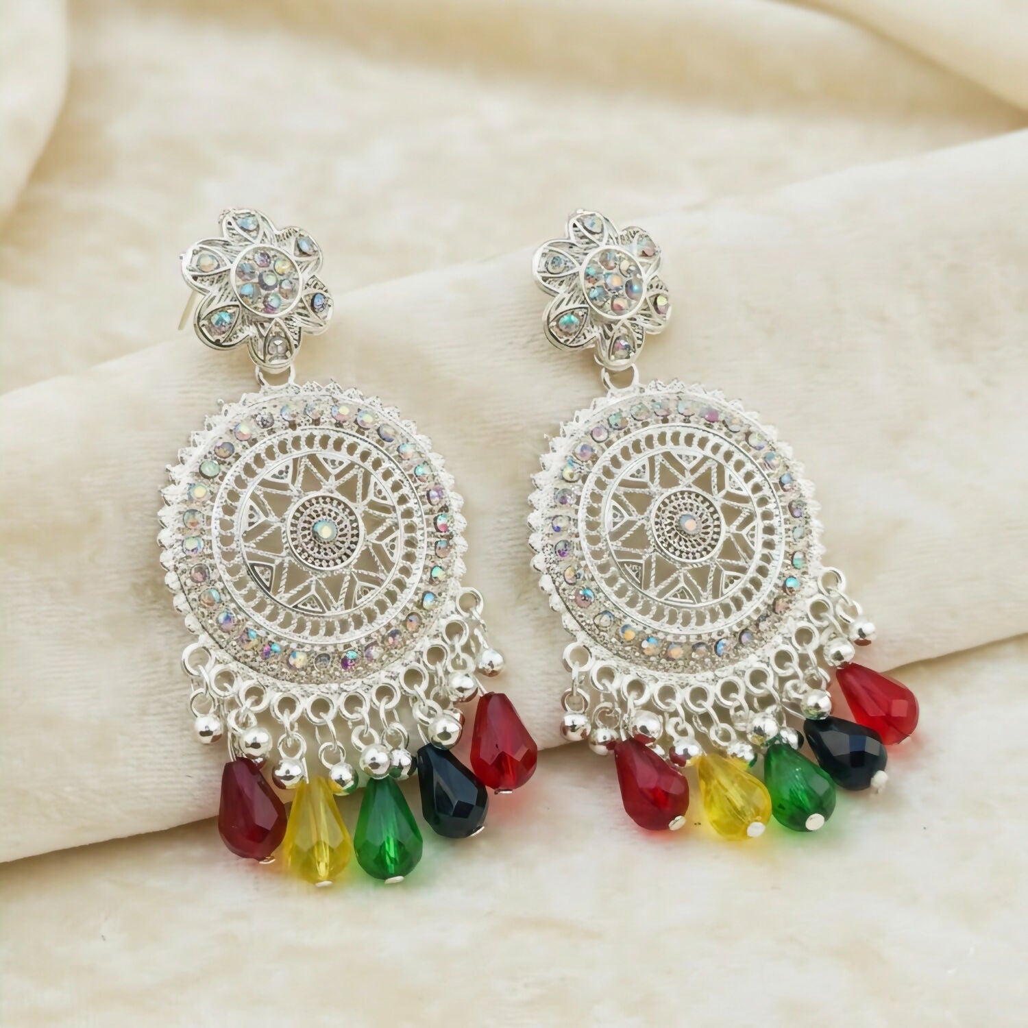 Oxidized Silver Mandala Drop Earrings with Multi-Color Cr...