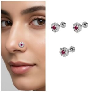 Ruby Floral Halo Nose Stud – Combo Pack…