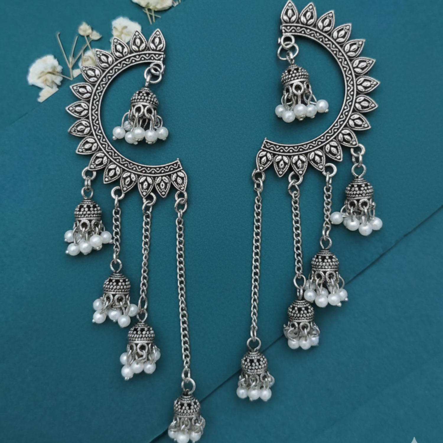 Oxidized Crescent Chandbali Earrings – Elegant Pearl Jhum... - Image 2