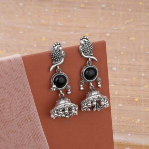 Oxidized Jhumka Earrings – Elegant Black Stone Design