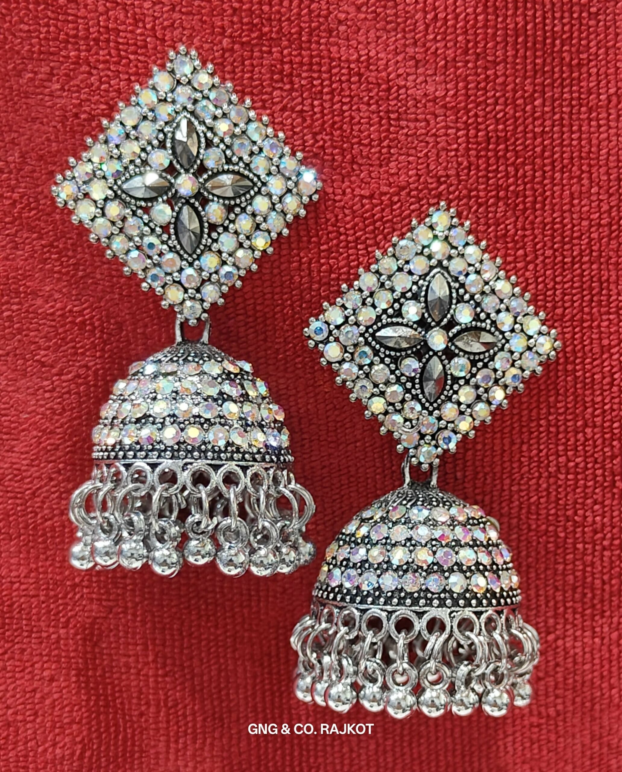Silver Jhumka – Sparkling Diamond-Stone Encrusted Earrings