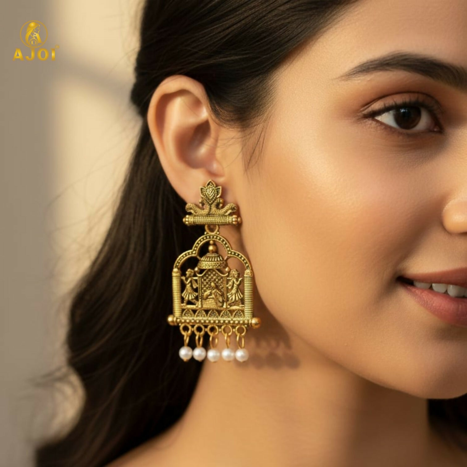 Royal Doli Motif Temple Earrings – Gold-Tone with... - Image 2