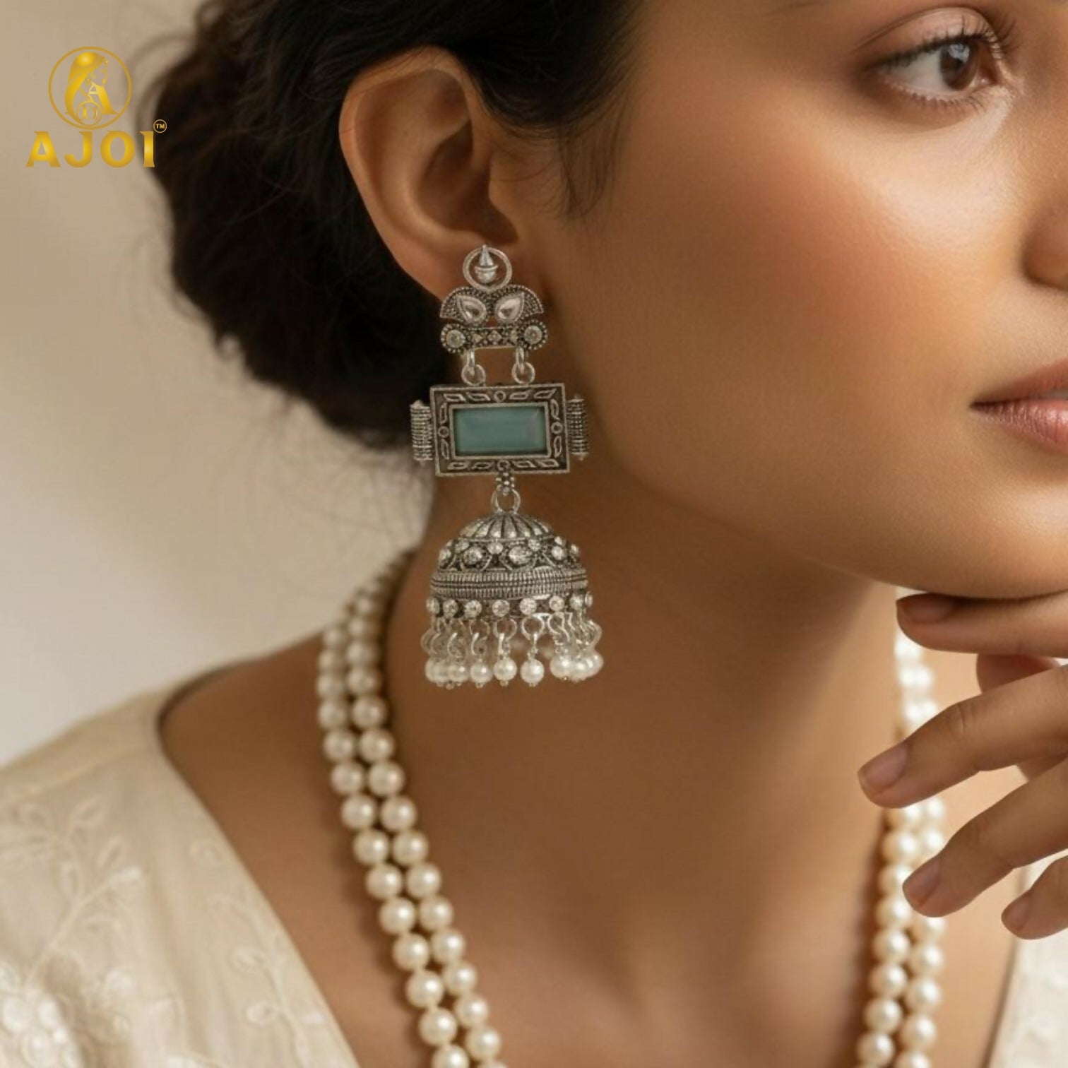 Oxidized Silver Jhumka Earrings – Hand-Carved Aqua Stone... - Image 2