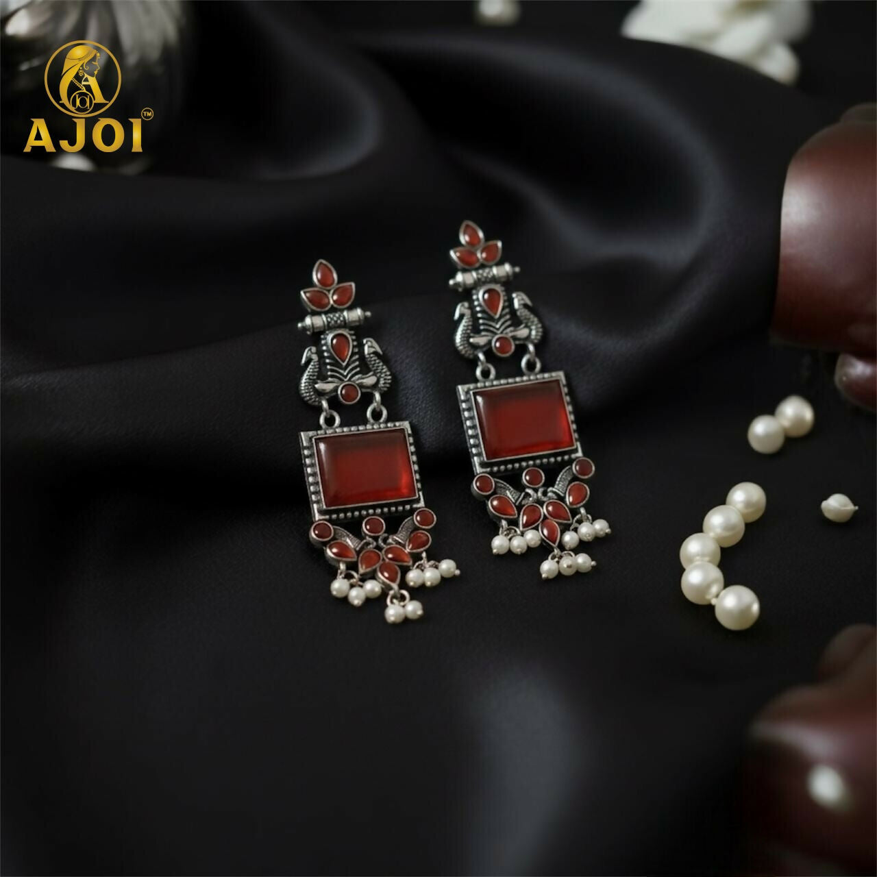Red Stone Oxidised Silver Earrings with Pearl Danglers...