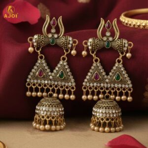 Shiv Trishul Jhumka Earrings – Antique Gold with...