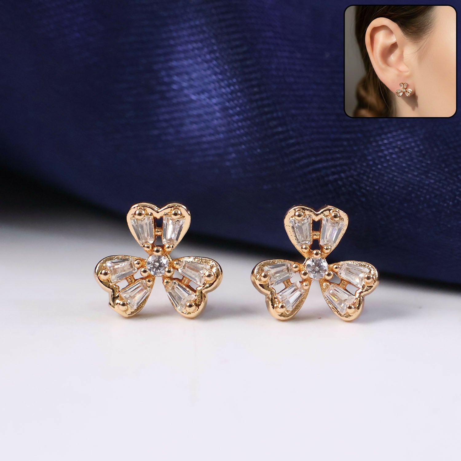 Floral CZ Stud Earrings – Elegant Gold Finish... - Image 2