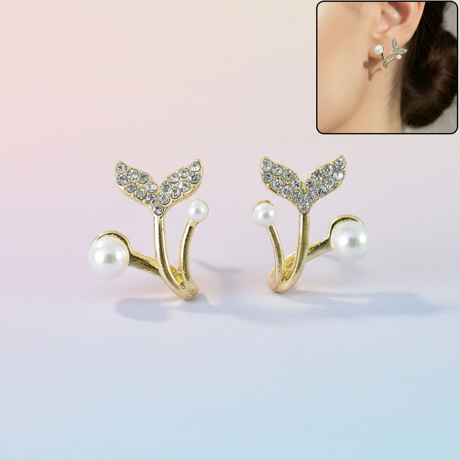Mermaid Tail Pearl Stud Earrings – Elegant Korean...