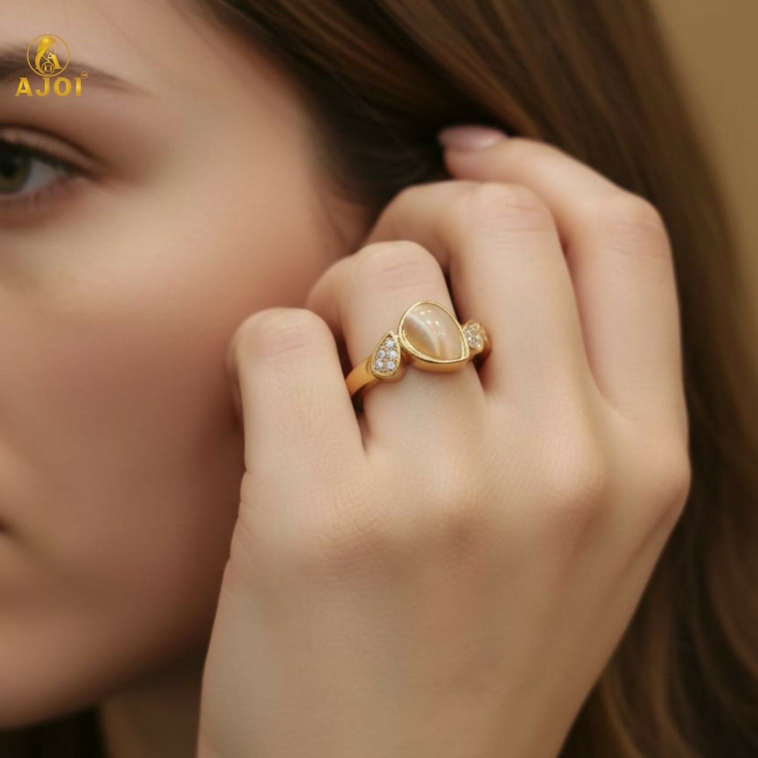 Cat Eye Stone Designer Ring – Premium Gold Plated Elegance - Image 3