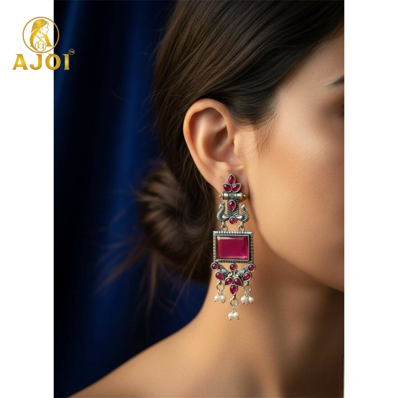 Antique Silver Earrings with Pink Square Beads and... - Image 2