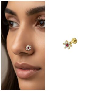 Gold Plated Ruby Crystal Flower Nosepin – Elegant…