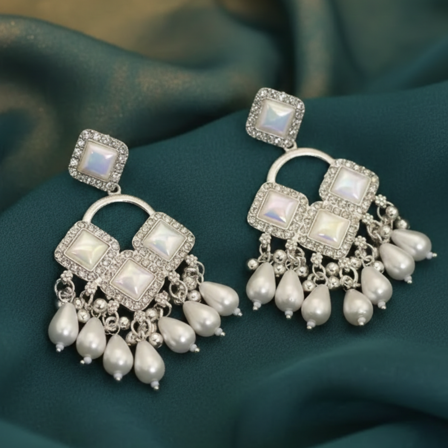 Silver Plated Chandelier Earrings – Elegant Square Crysta...