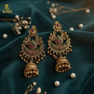Peacock Jhumka Earrings – Gold Plated with Green...