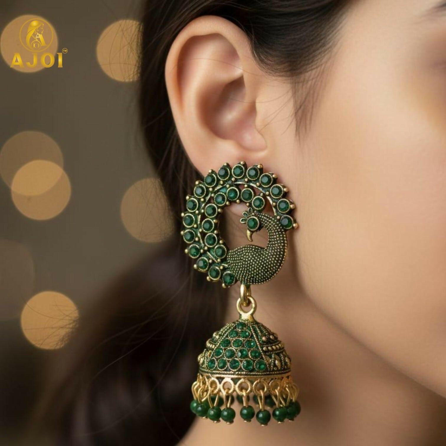 Peacock Jhumka Earrings – Emerald Green Stones &... - Image 2