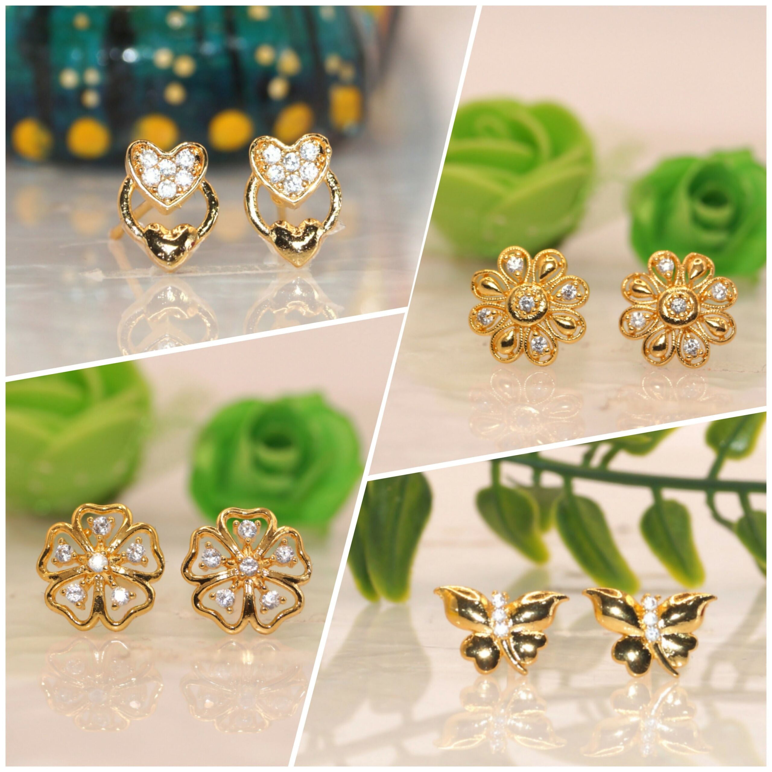 Gold Plated Stud Earrings Combo – Heart, Flower...