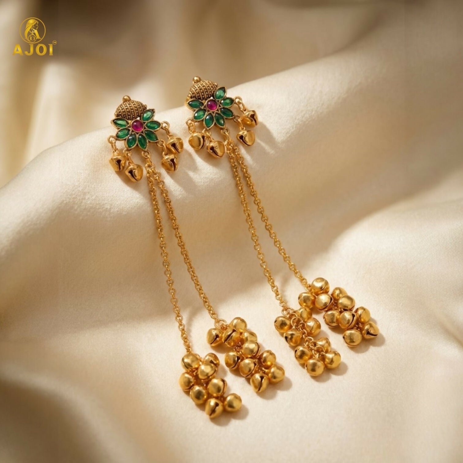 Floral Stud Ghungroo Jhumki Earrings – Long Drop...