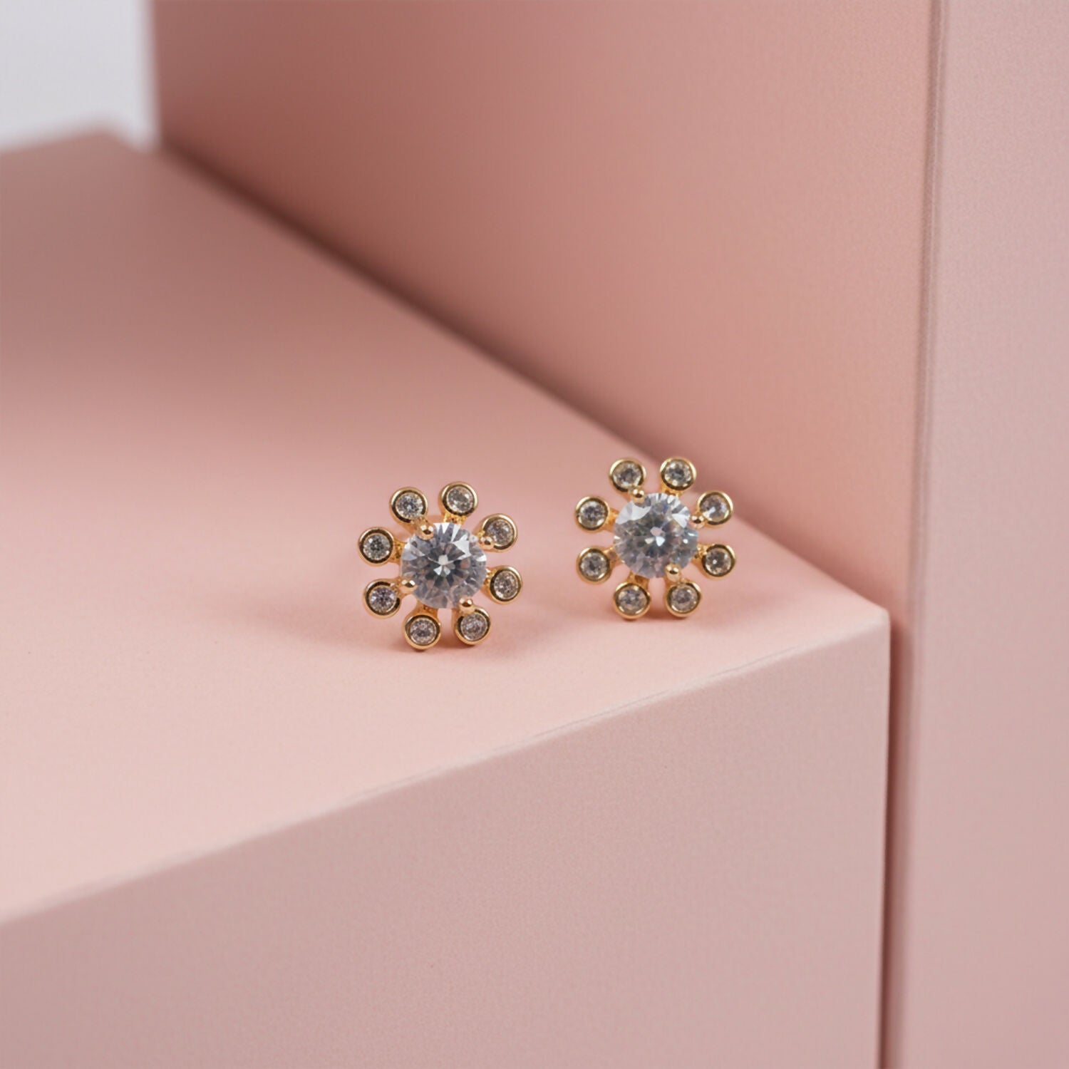 Flower Design Stone Stud Earrings – Elegant Gold... - Image 2