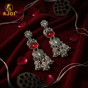 Oxidized Silver Jhumka Earrings – Red Stone &...