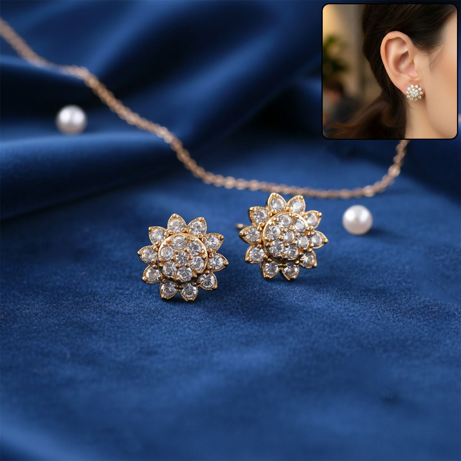 Floral CZ Stud Earrings – Elegant Gold Tone...