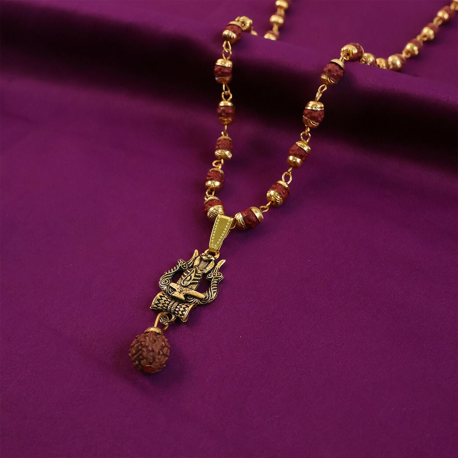 Gold Pendant Rudraksha Mala – Spiritual Trishul Shivling Necklace