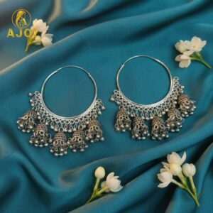 Oxidized Silver Hoop Jhumka Earrings – Intricate Filigree...