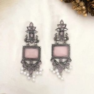 Oxidized Silver Drop Earrings – Pink Stone &...