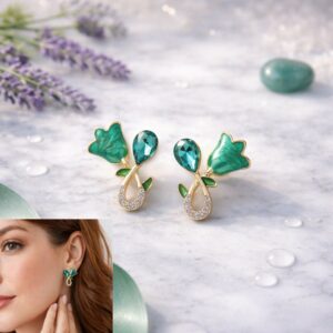 Green Floral Stud Earrings – Gold Plated Crystal...
