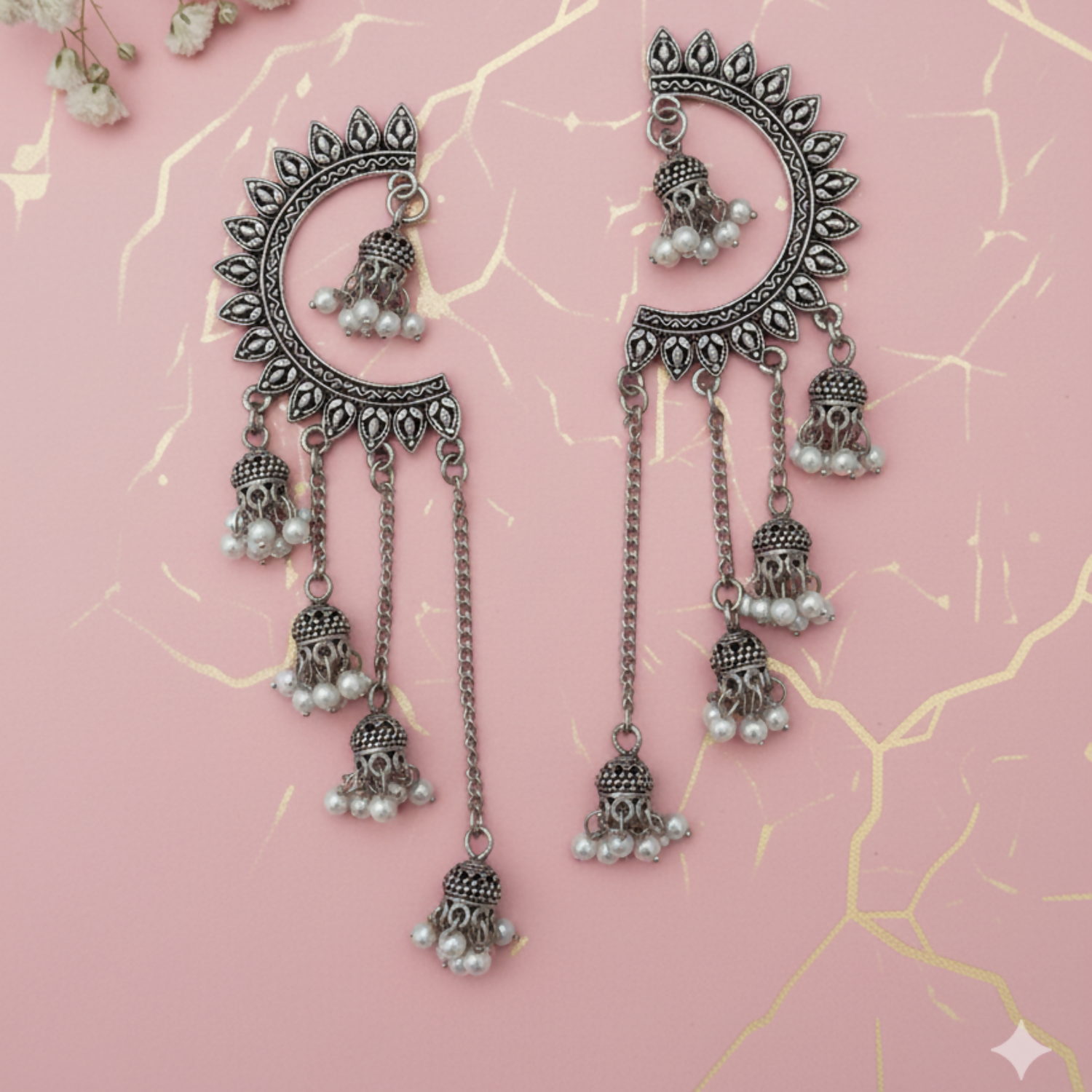 Oxidized Crescent Chandbali Earrings – Elegant Pearl Jhum...