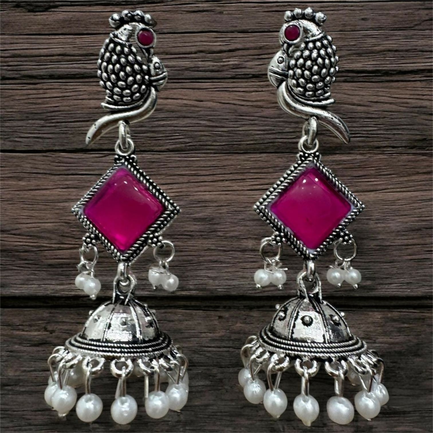 Oxidised Silver Pink Stone Jhumka Earrings – Parrot... - Image 2
