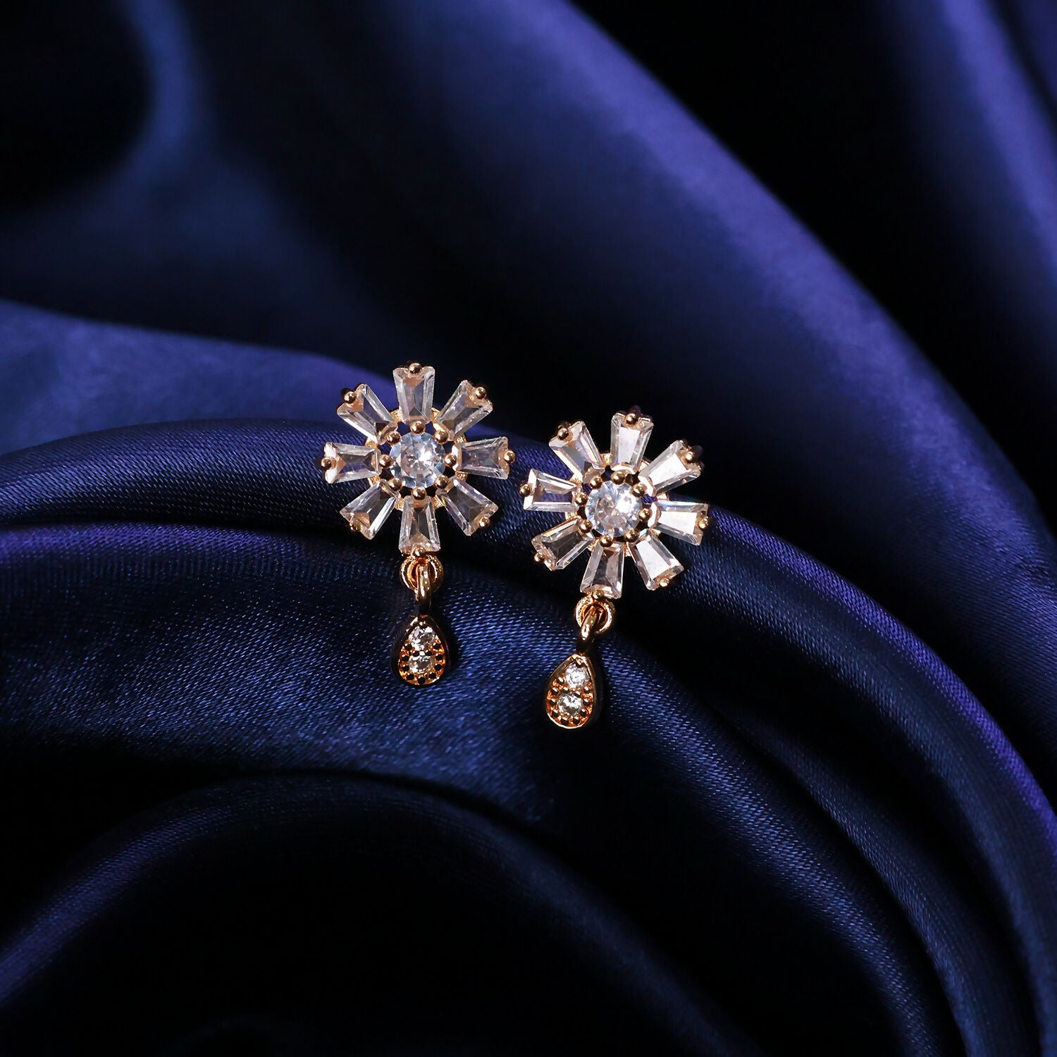 Floral CZ Stud Earrings with Teardrop Dangle –... - Image 2