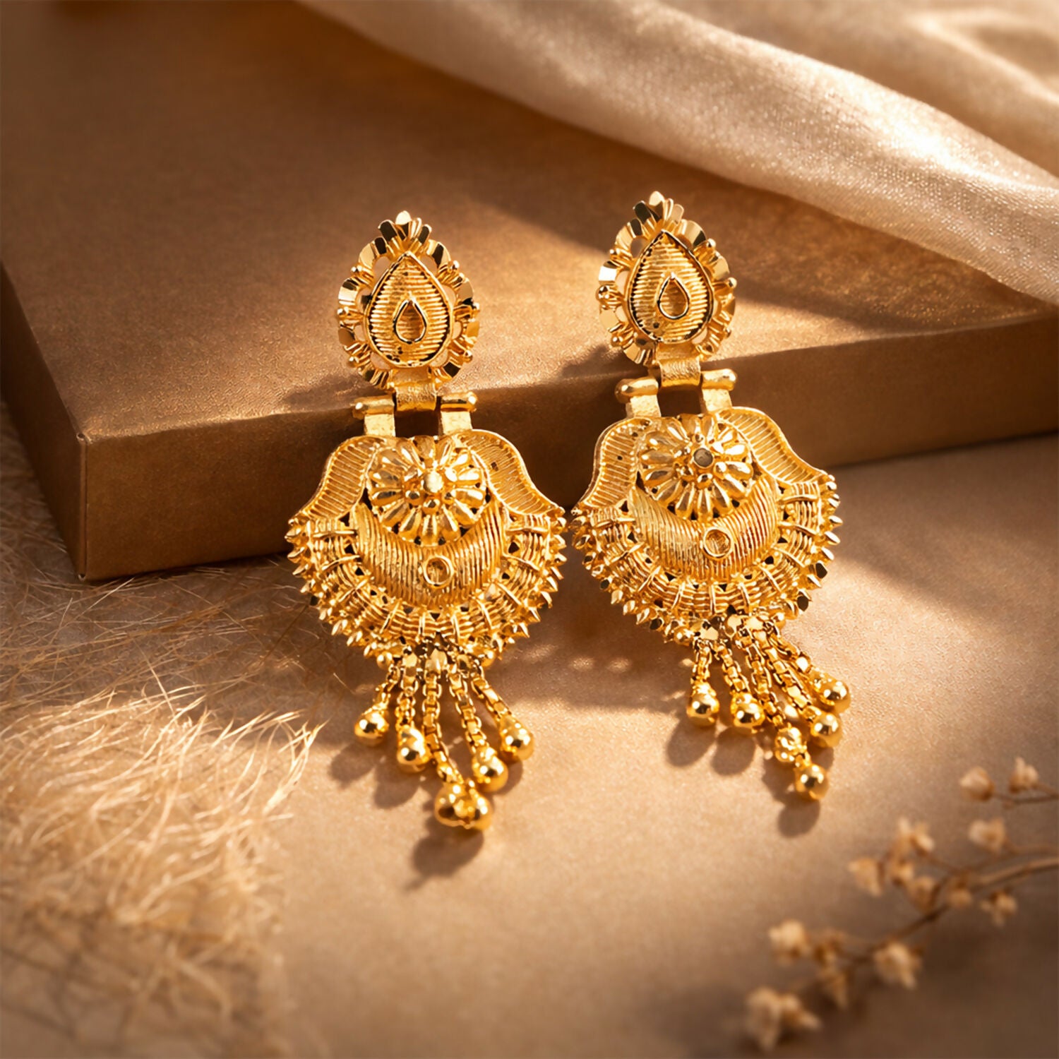 South Indian Gold Jhumka Earrings – Traditional Leaf...