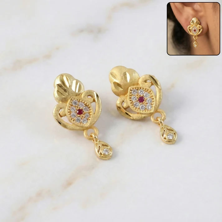 Gold Stud Earrings with Ethnic Floral Motif and... - Image 2