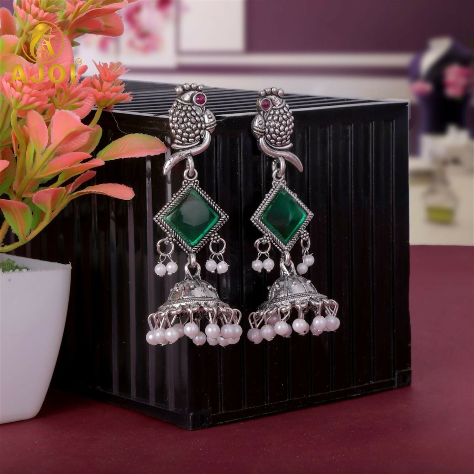 Green Stone Jhumka Earrings – Oxidised Silver Parrot...